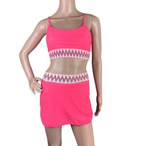 New Jolefille Hot Pink 2 Piece Swimsuit Cropped Tankini Top Skirt/Skort Set S